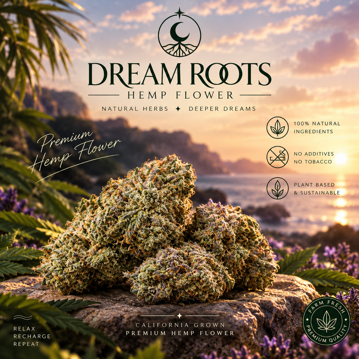 Dream Roots premium California-grown hemp flower displayed on a coastal sunset landscape