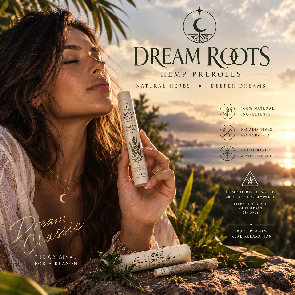 Dream Roots Dream Classic mugwort and hemp pre-roll campaign overlooking the California coast
